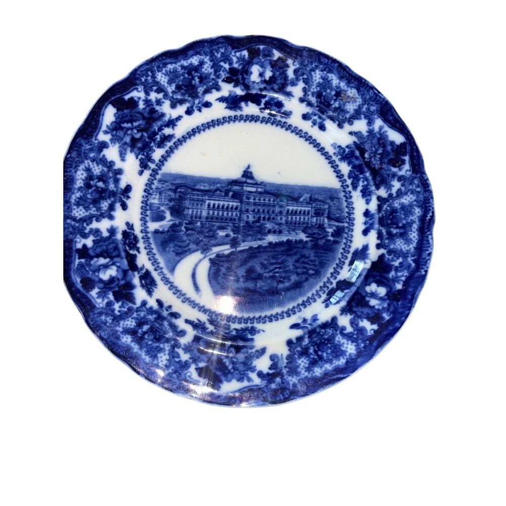 Antique Wm Adams & Co. Flow Blue Transferware Plate Depicting the US Capitol 10”